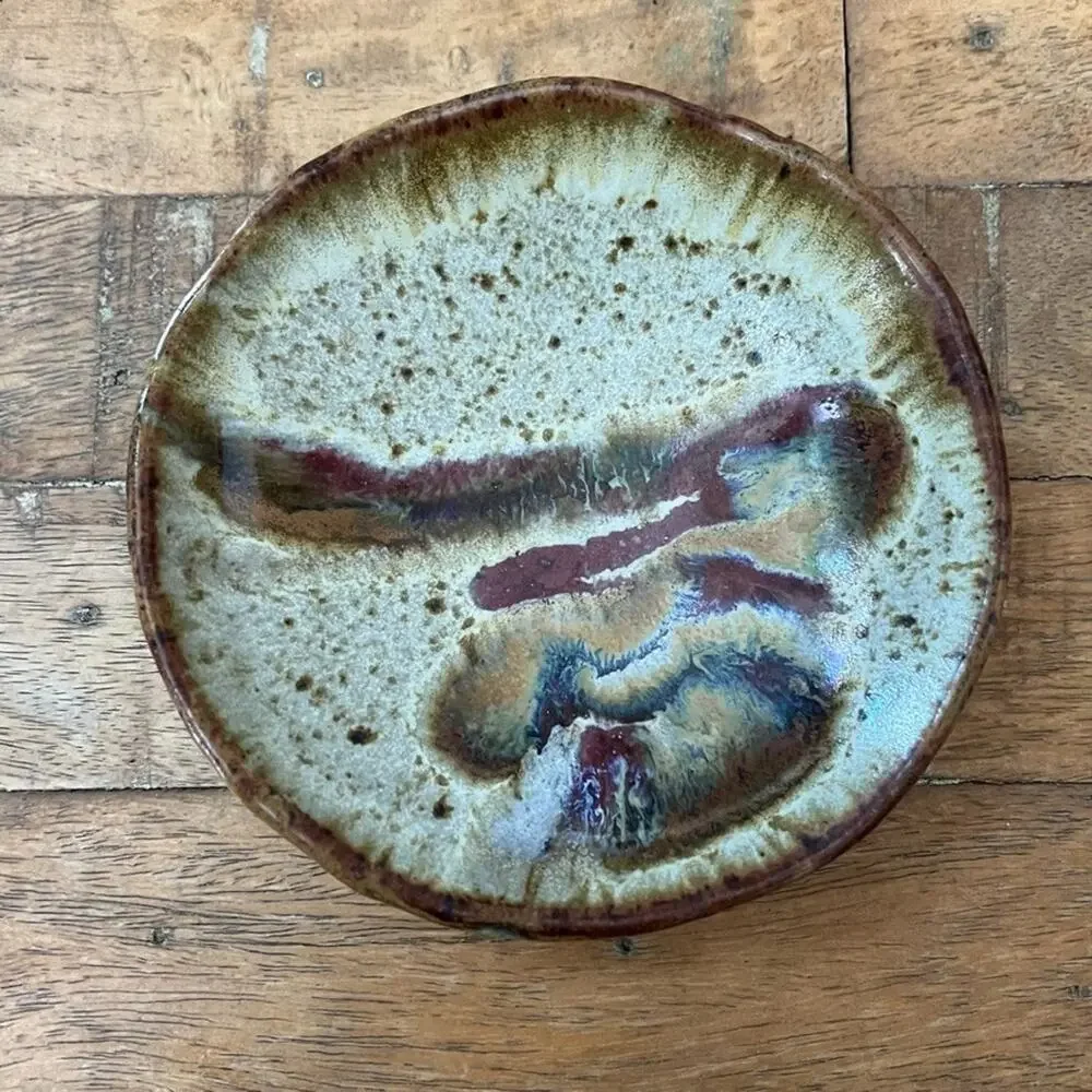 Studio Pottery Stoneware Footed Jewelry Dish Bowl 4.5 in Round Brown Speckled